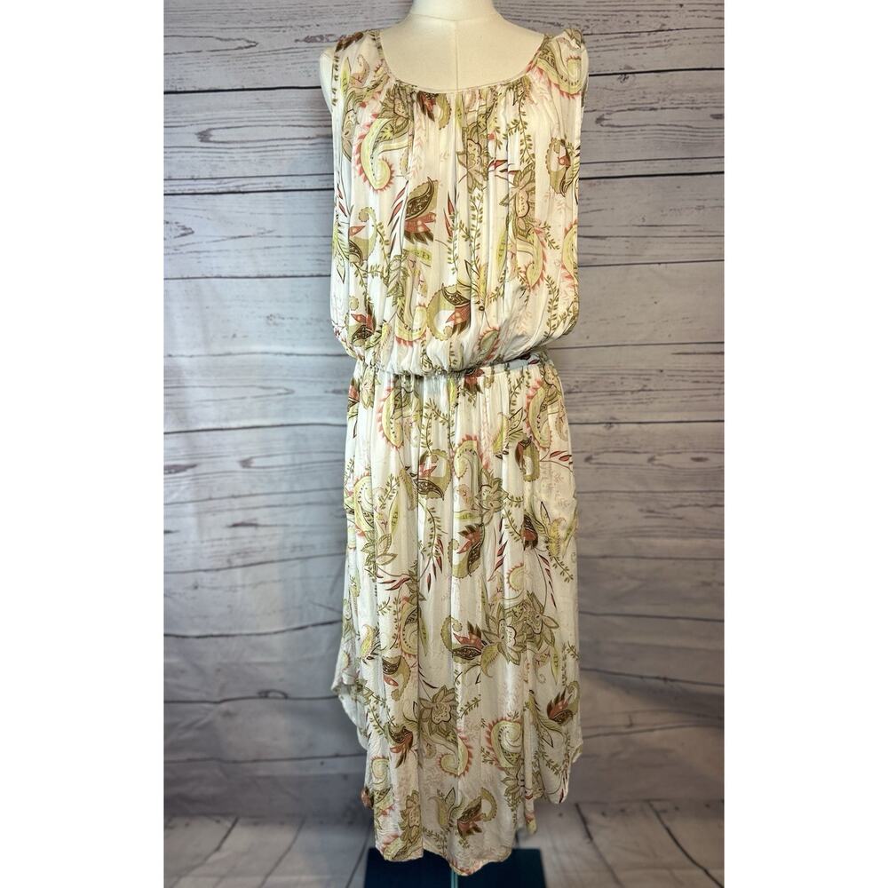 J.Jill Paisley Floral Boho Midi Dress Green Peach White with Pockets Size Medium